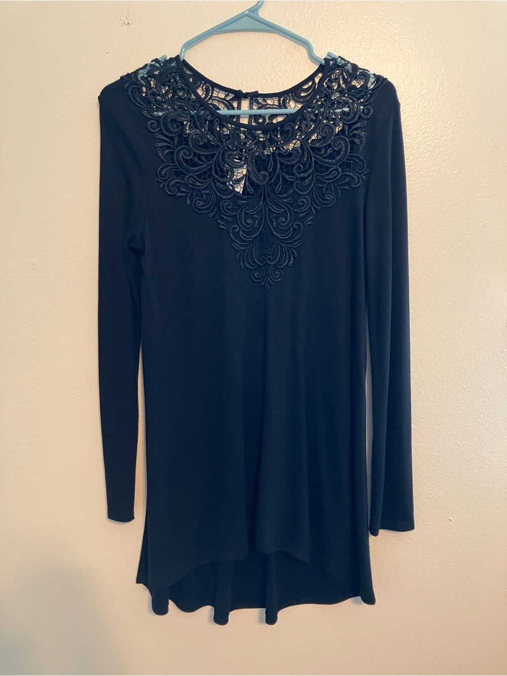 Arianne Black Long-Sleeve Top with Embroidered Lace Yoke